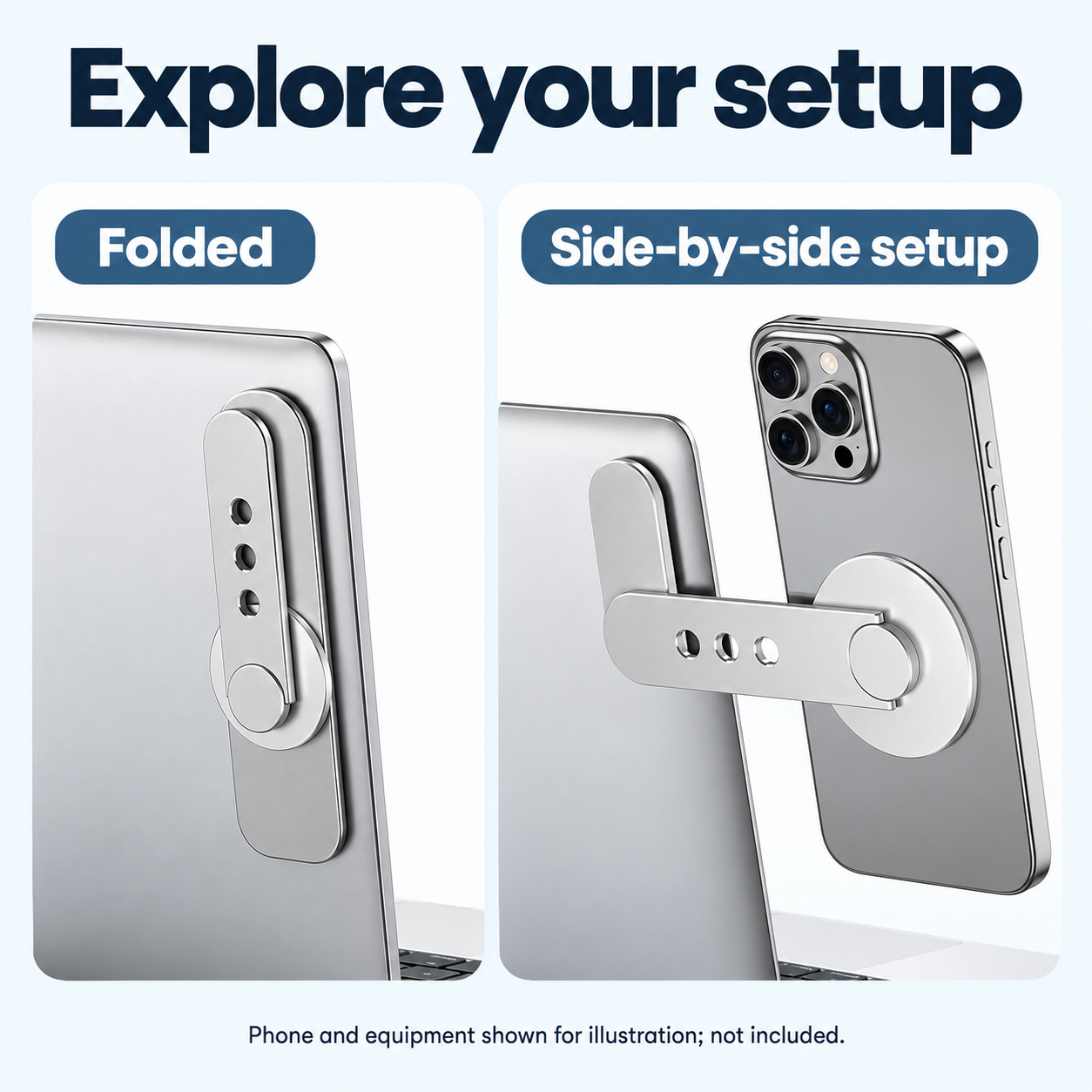 Magnetic Laptop Phone Holder — configuration and mounting views