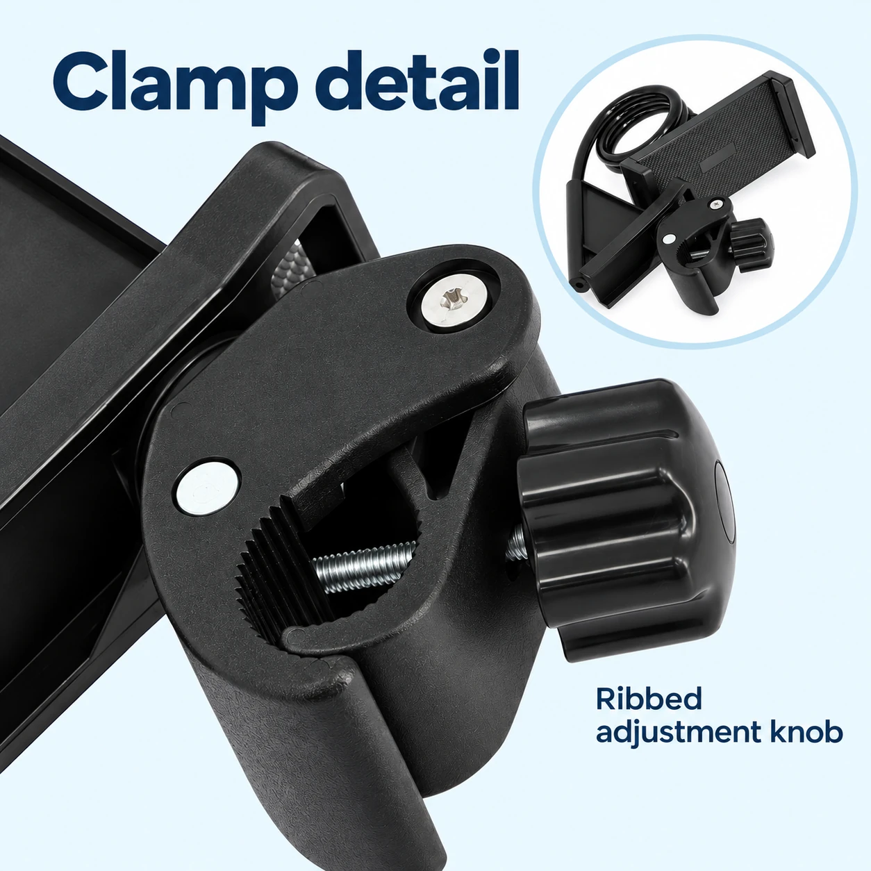 NGT Black Fishing Chair Phone and Tablet Holder — screw clamp and knob detail