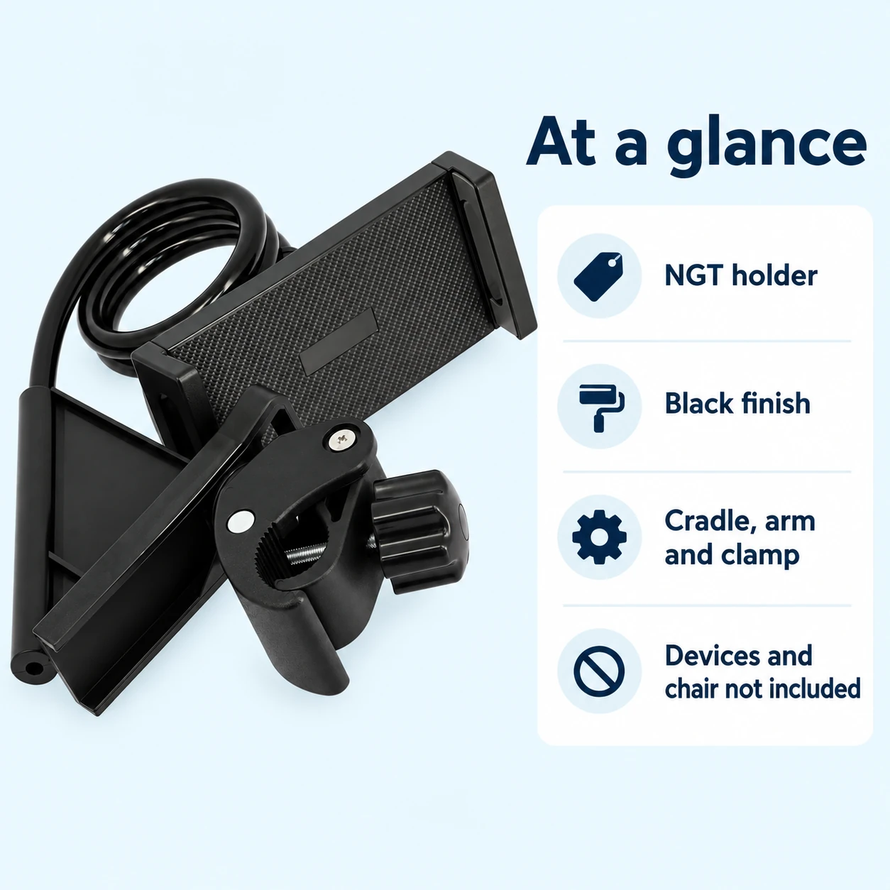 NGT Black Fishing Chair Phone and Tablet Holder — brand and included parts