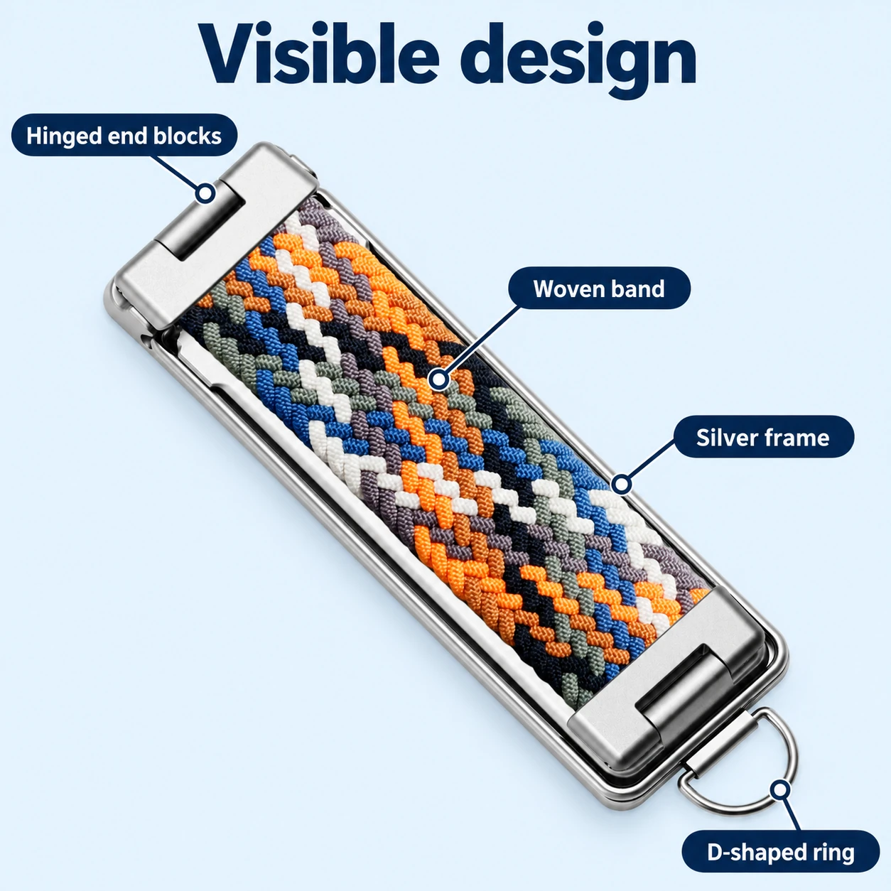 Rainbow Woven Phone Grip Strap with Silver Frame — visible features