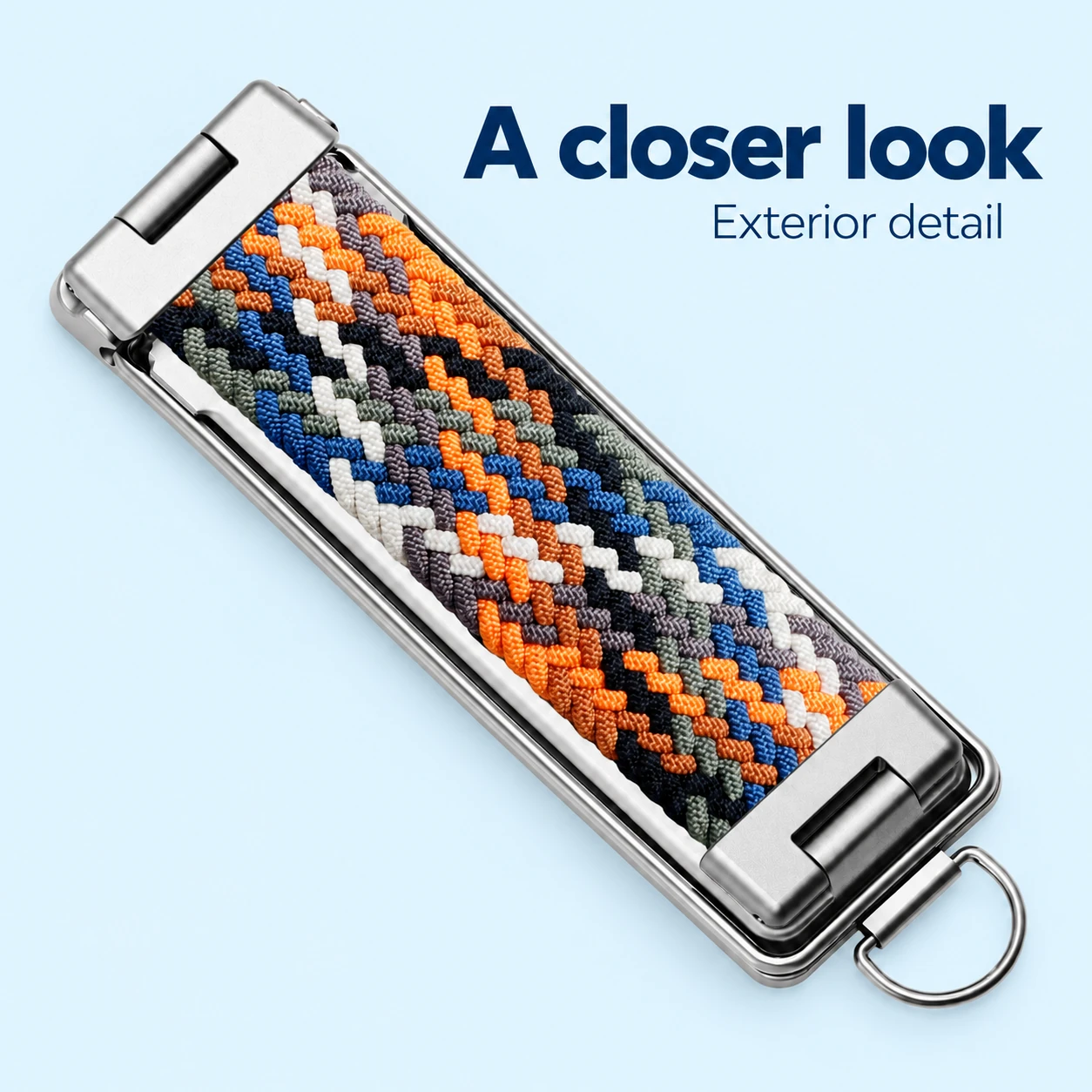 Rainbow Woven Phone Grip Strap with Silver Frame — exterior detail