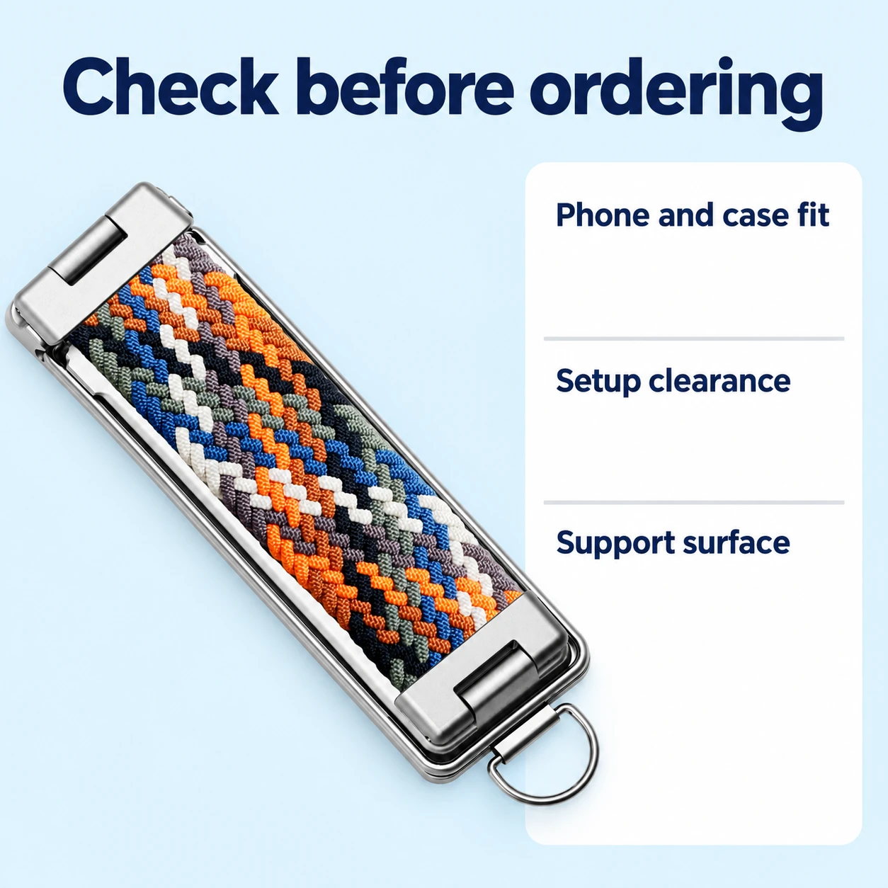 Rainbow Woven Phone Grip Strap with Silver Frame — fit checks