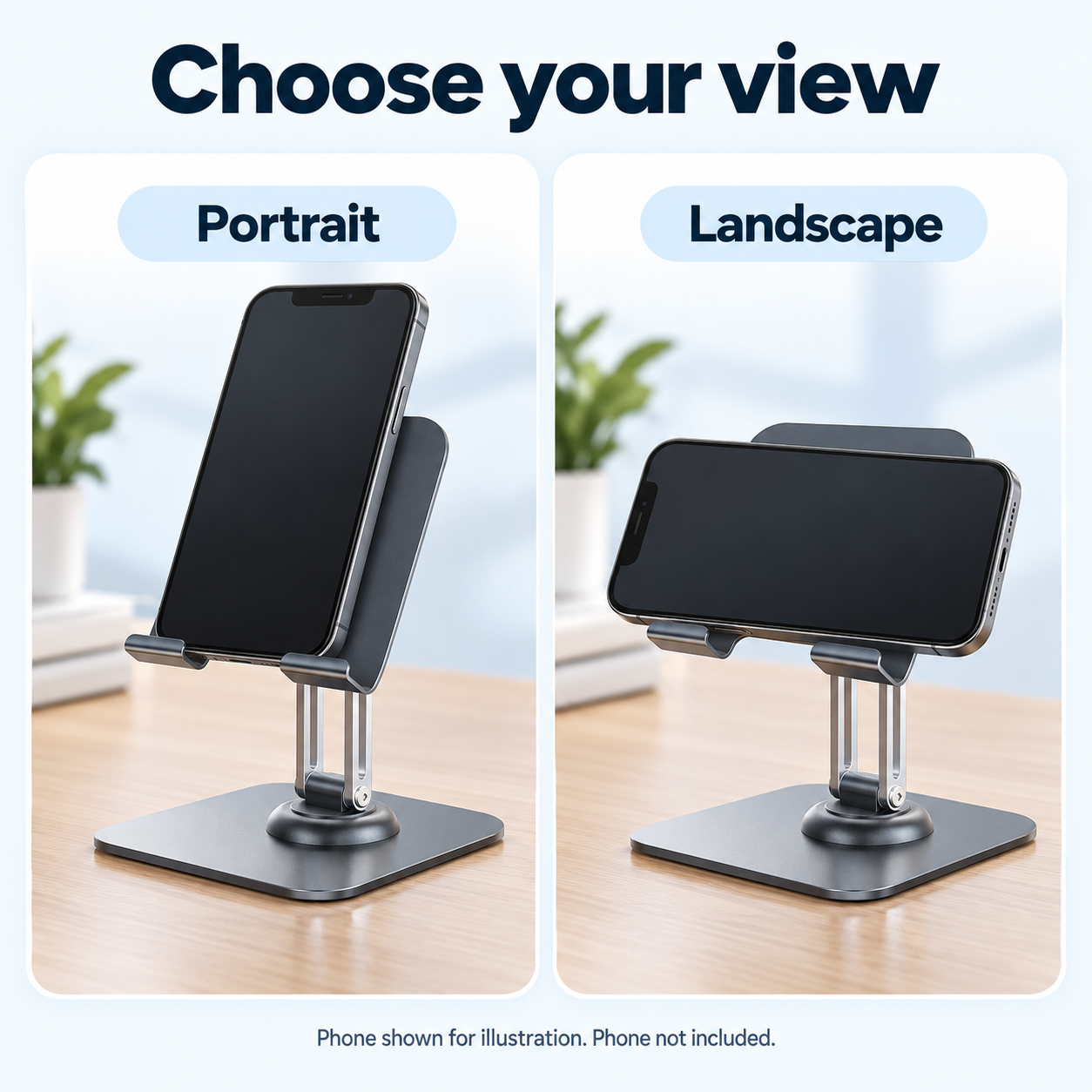 Rotating Foldable Desk Phone Stand — configuration and mounting views