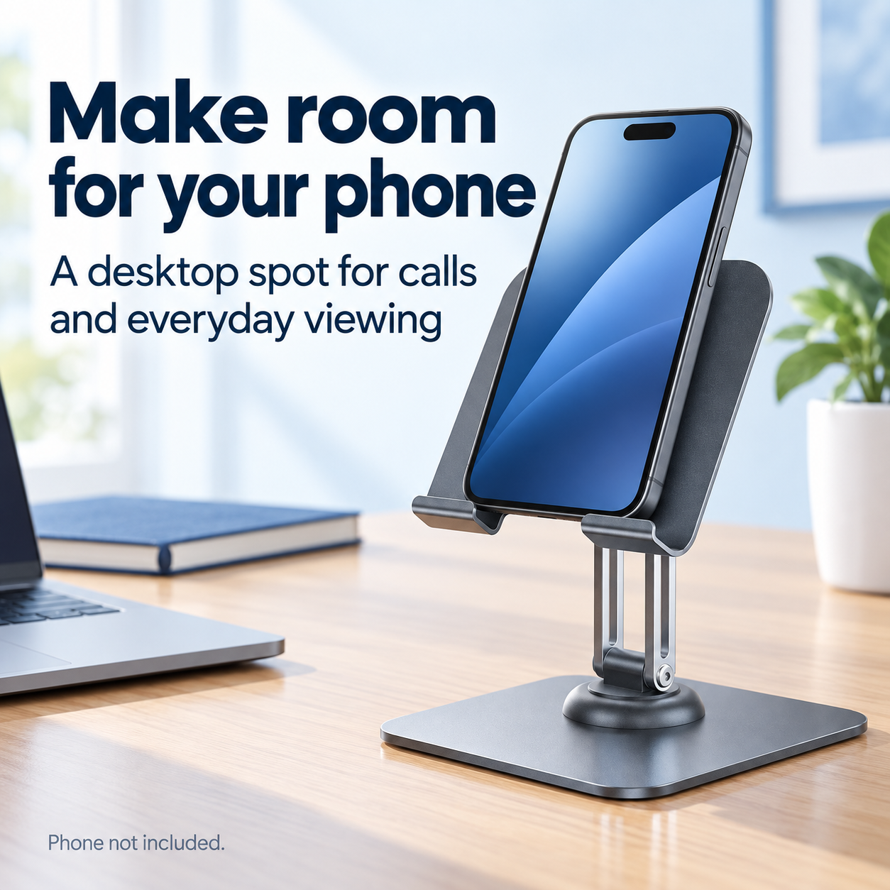 Rotating Foldable Desk Phone Stand — in a suggested use setting