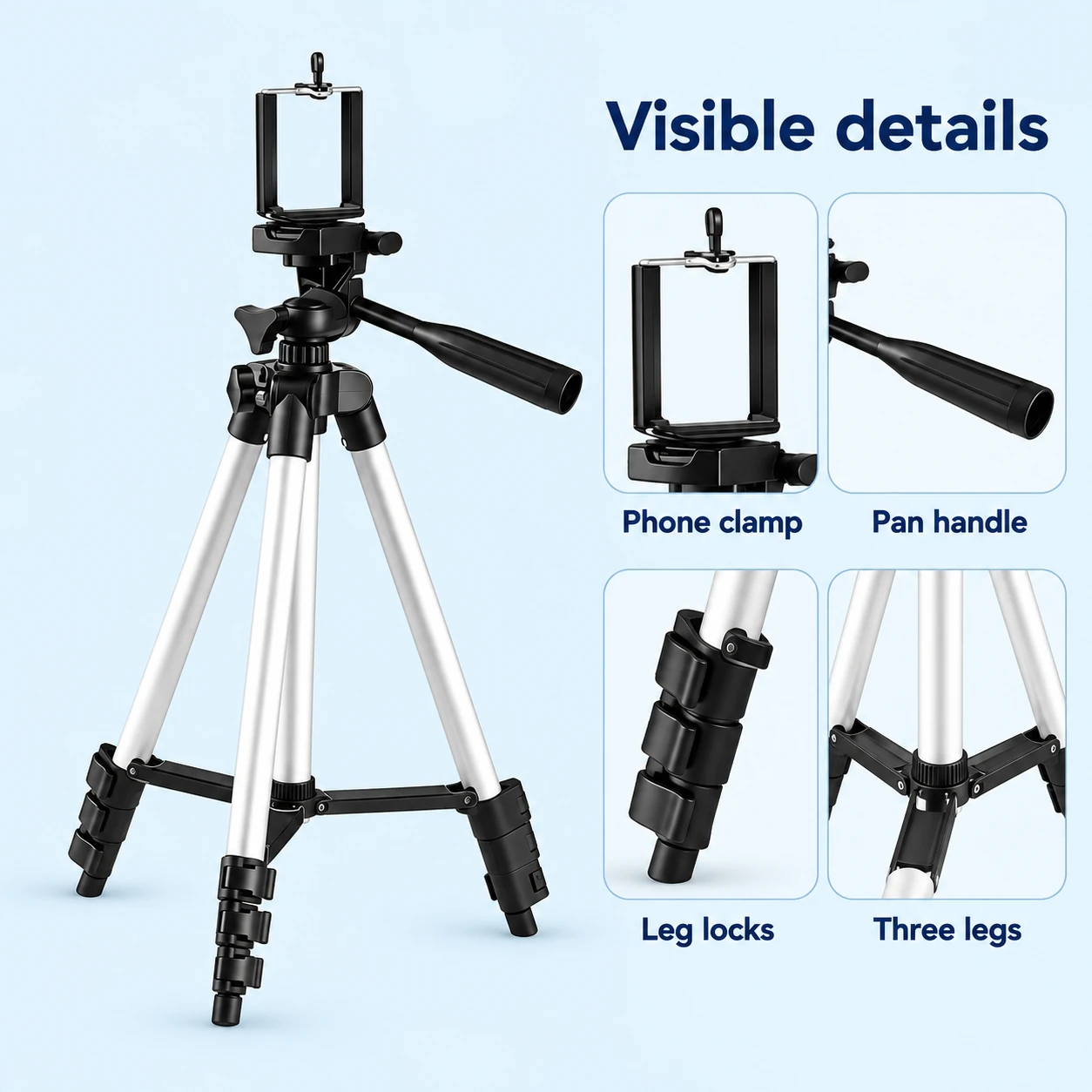 Silver Phone Tripod with Pan Handle — features