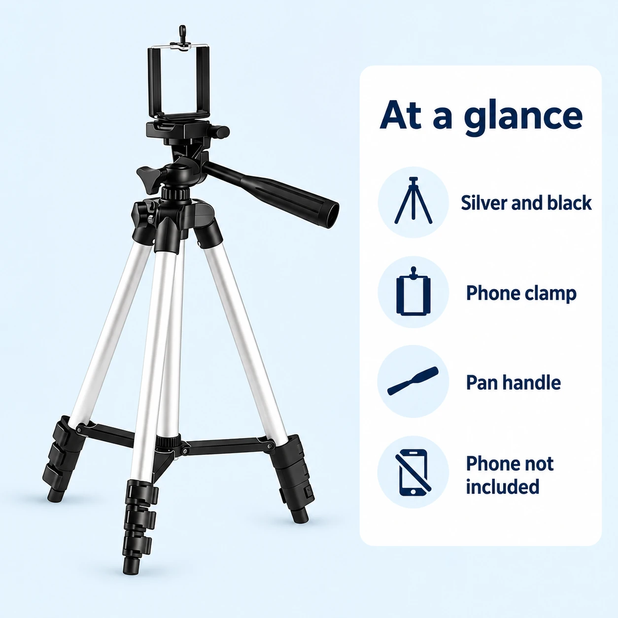 Silver Phone Tripod with Pan Handle — spec