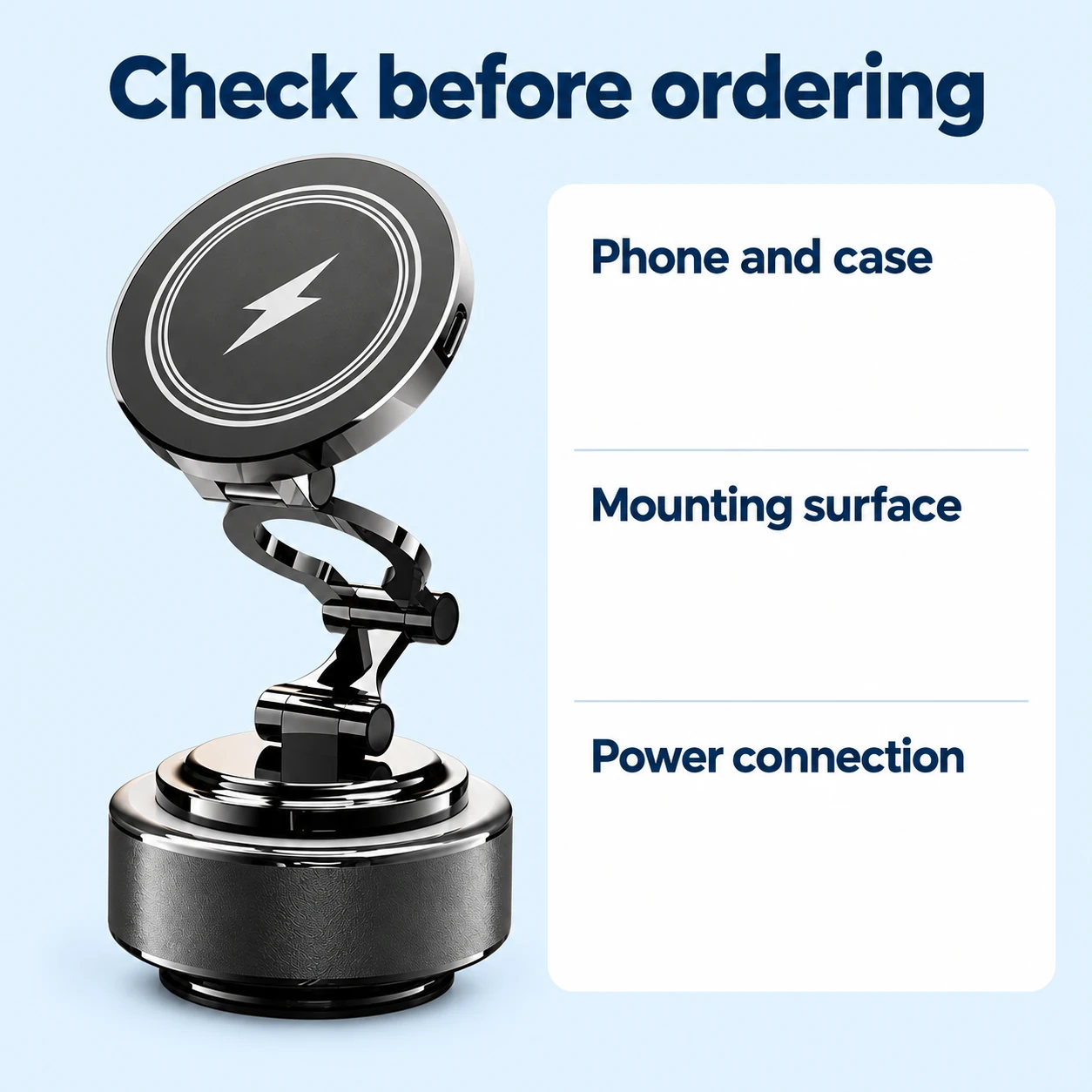 Silver Ring-Arm Suction Car Phone Charger — device and setup checks