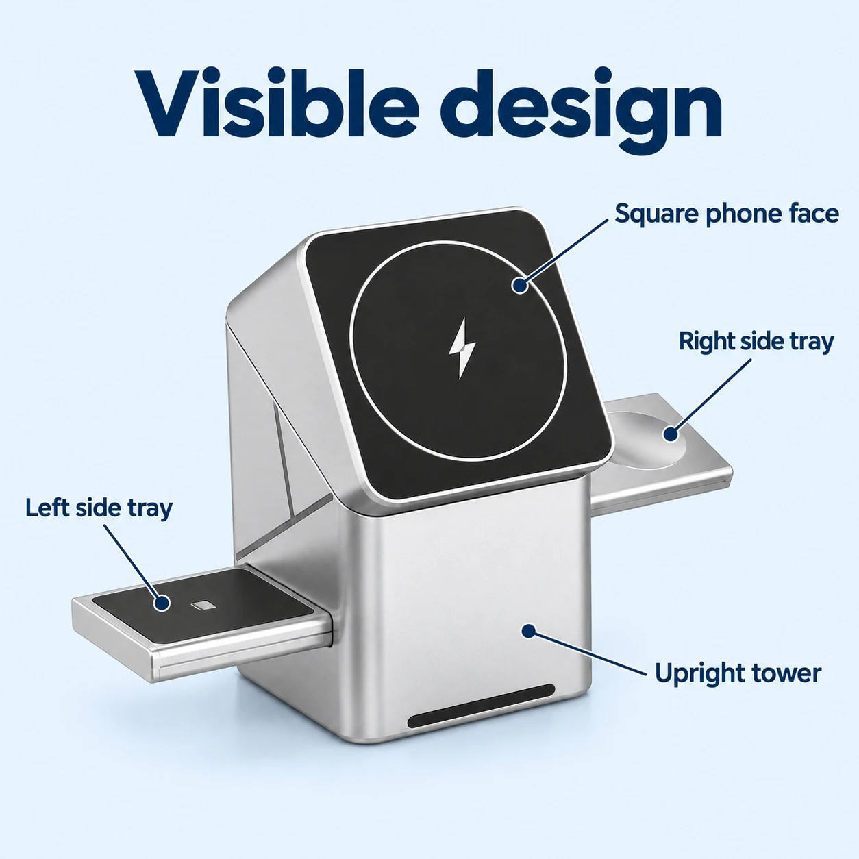 Silver Tower Phone and Watch Charging Stand — visible exterior features