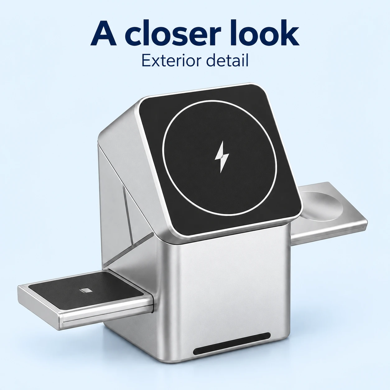 Silver Tower Phone and Watch Charging Stand — exterior details