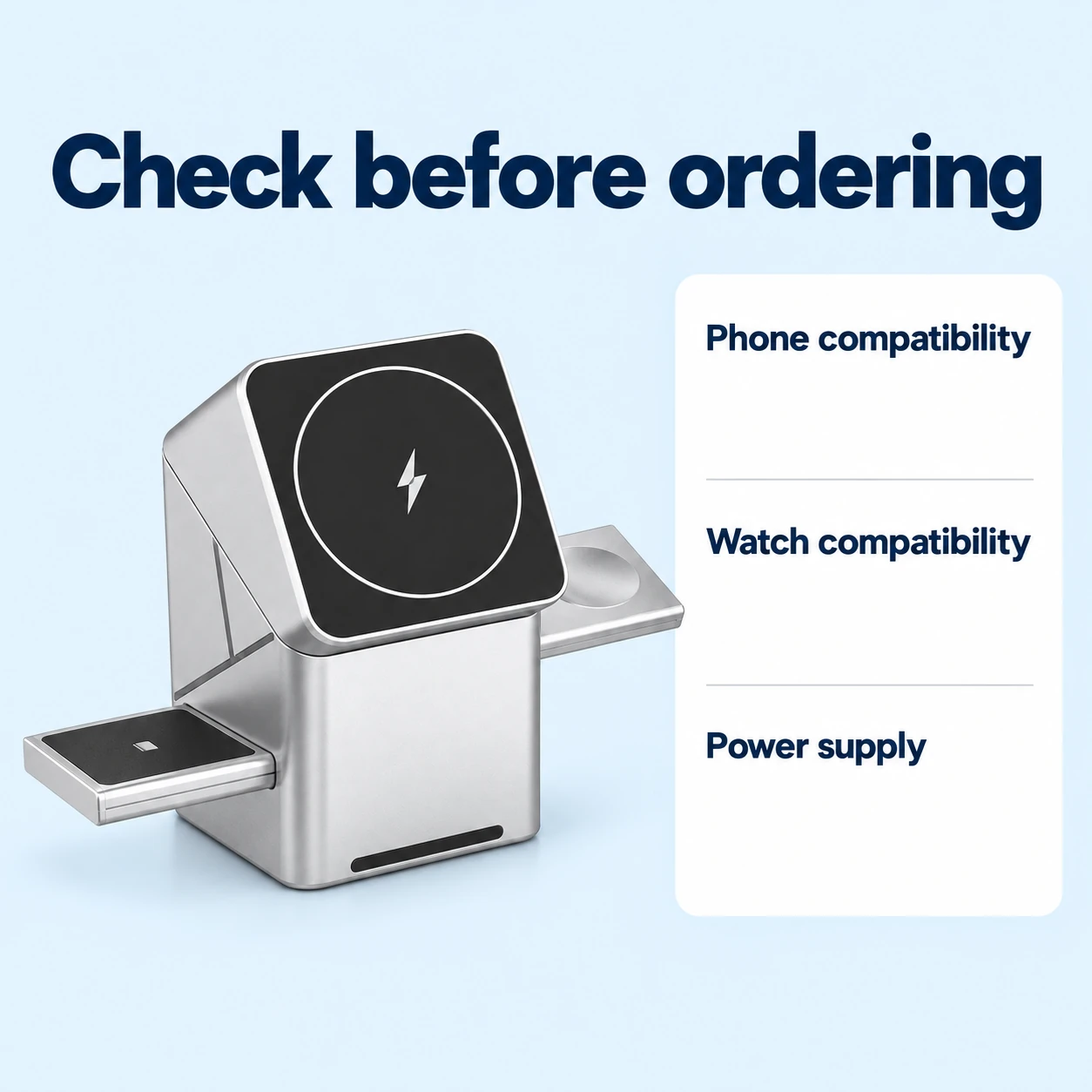 Silver Tower Phone and Watch Charging Stand — device and setup checks