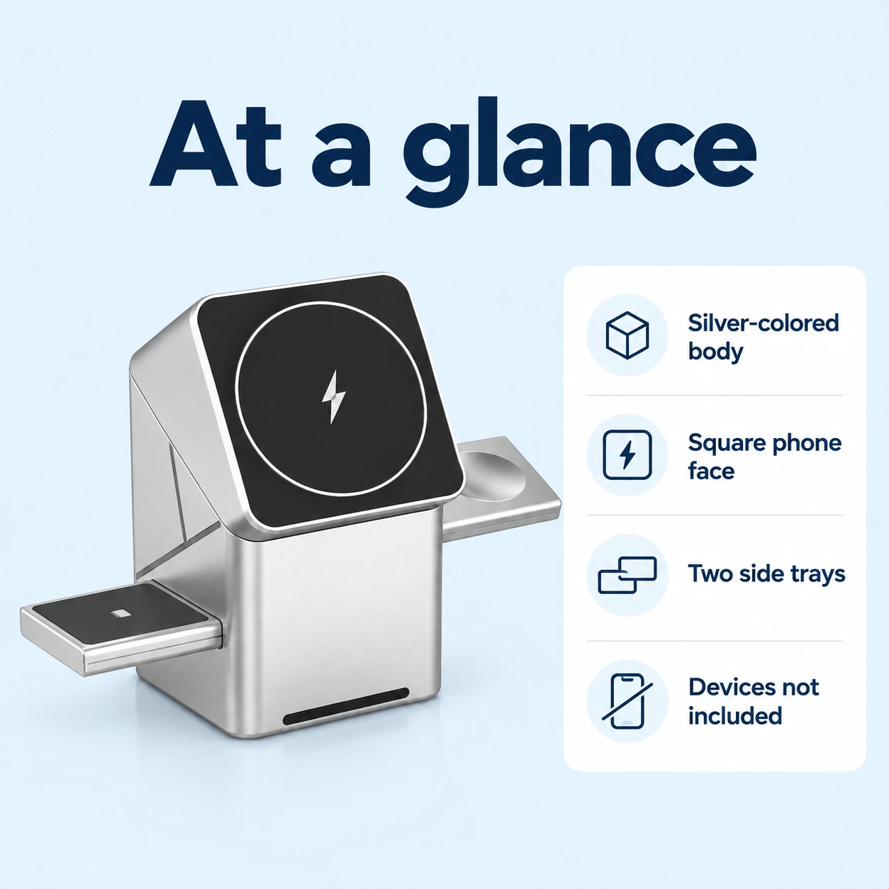 Silver Tower Phone and Watch Charging Stand — basic product information