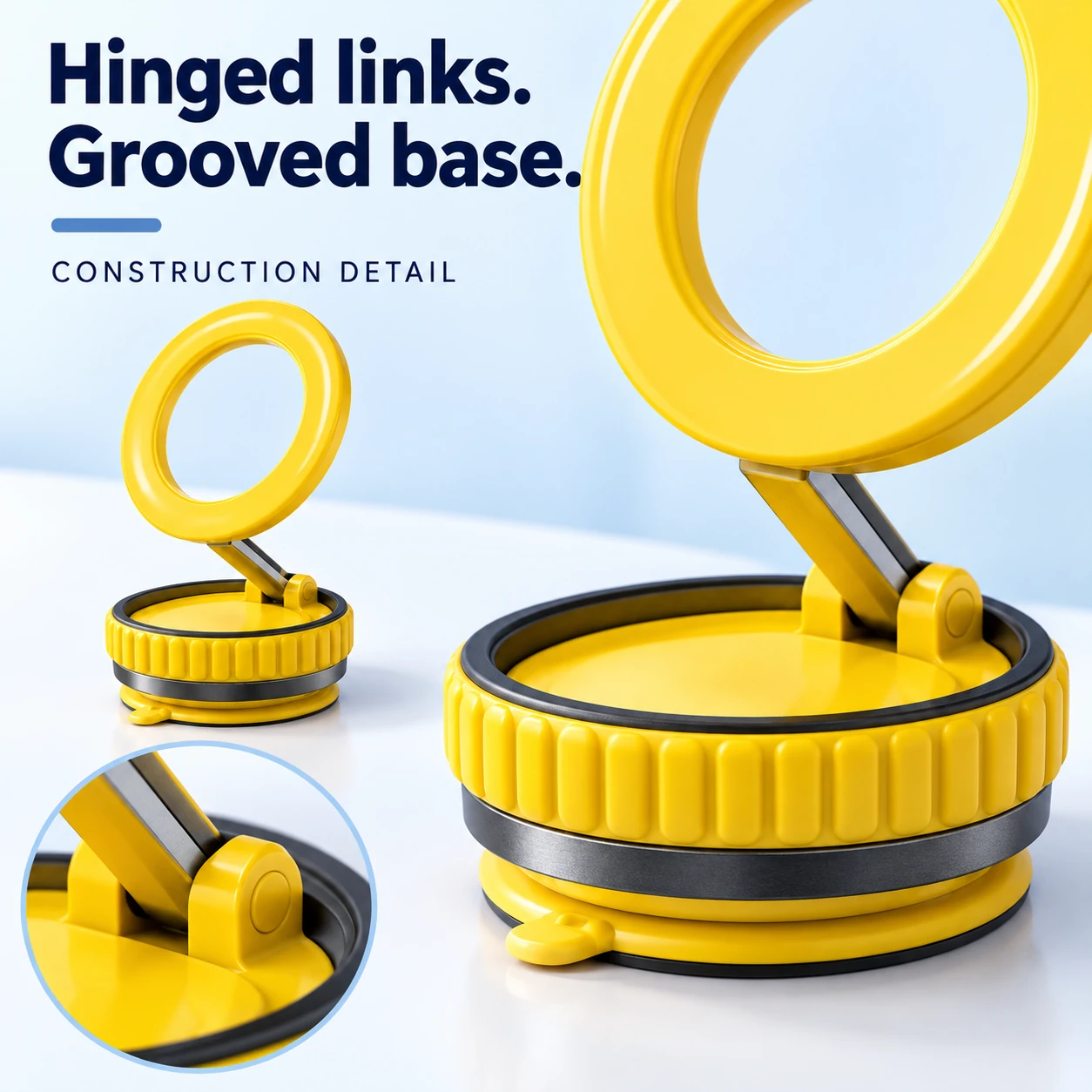 Close-up of the hinged yellow mount and grooved base