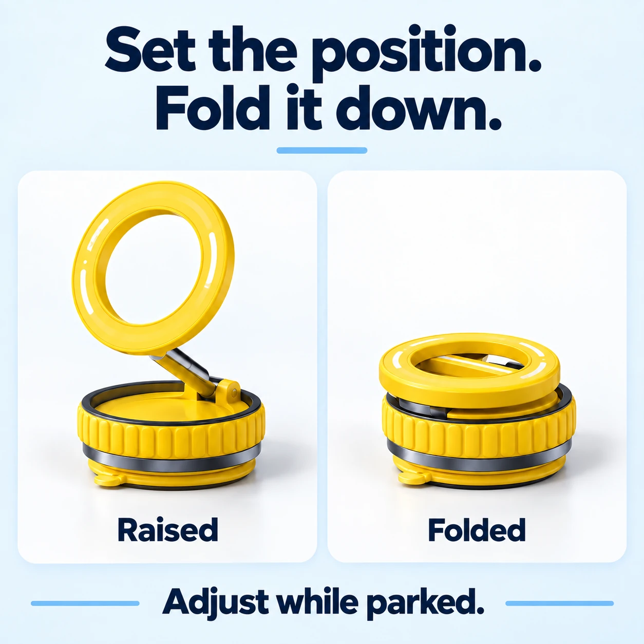 Same yellow car mount in raised and folded configurations