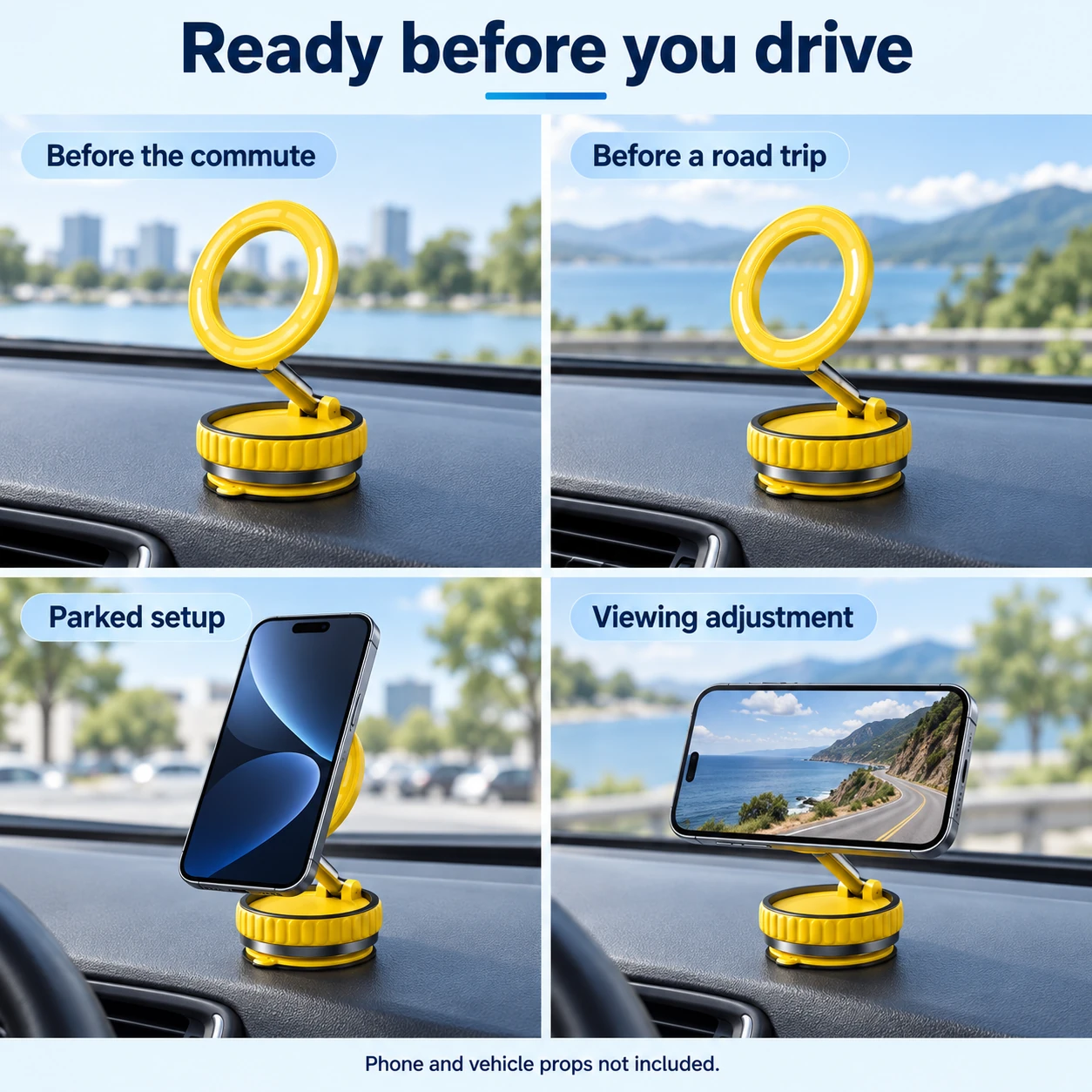 Yellow magnetic mount in parked-car dashboard setup scenes